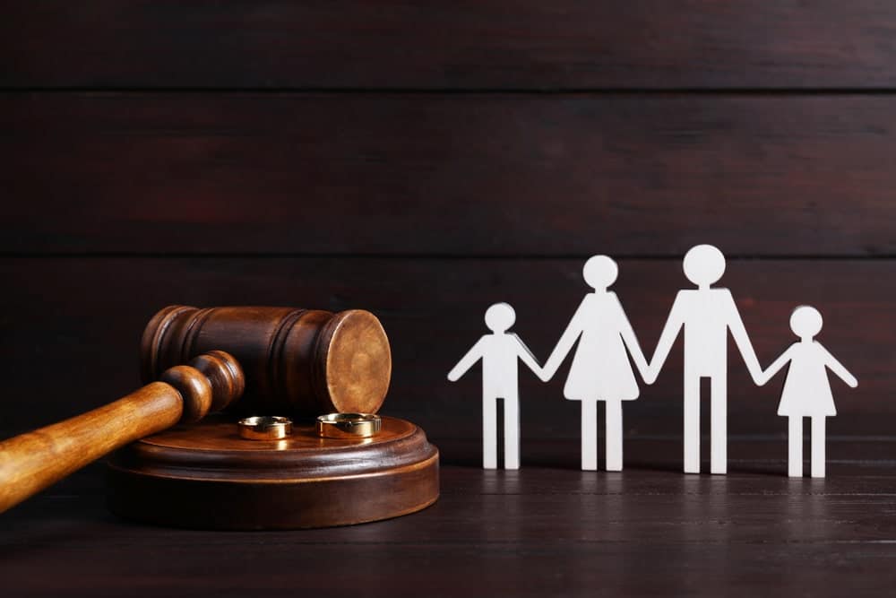 Divorce Lawyers in San Bernardino California Portrayed by paper family figures next to wedding rings and a gavel on table.